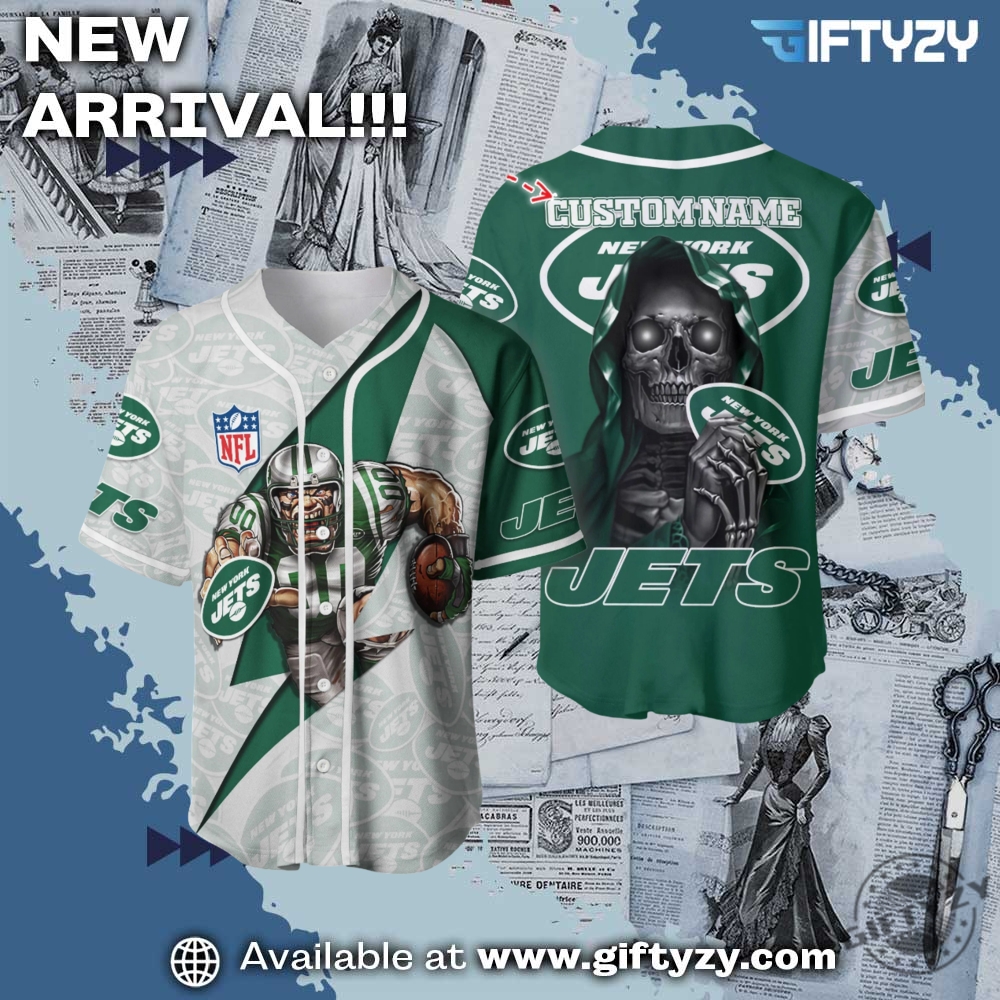 Nfl New York Jets Skull Custom Name Baseball Jersey 1 NFL New York Jets Skull Custom Name Baseball Jersey