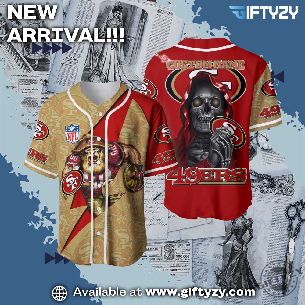 Nfl San Francisco 49Ers Skull Custom Name Baseball Jersey 1 NFL San Francisco 49ers Skull Custom Name Baseball Jersey