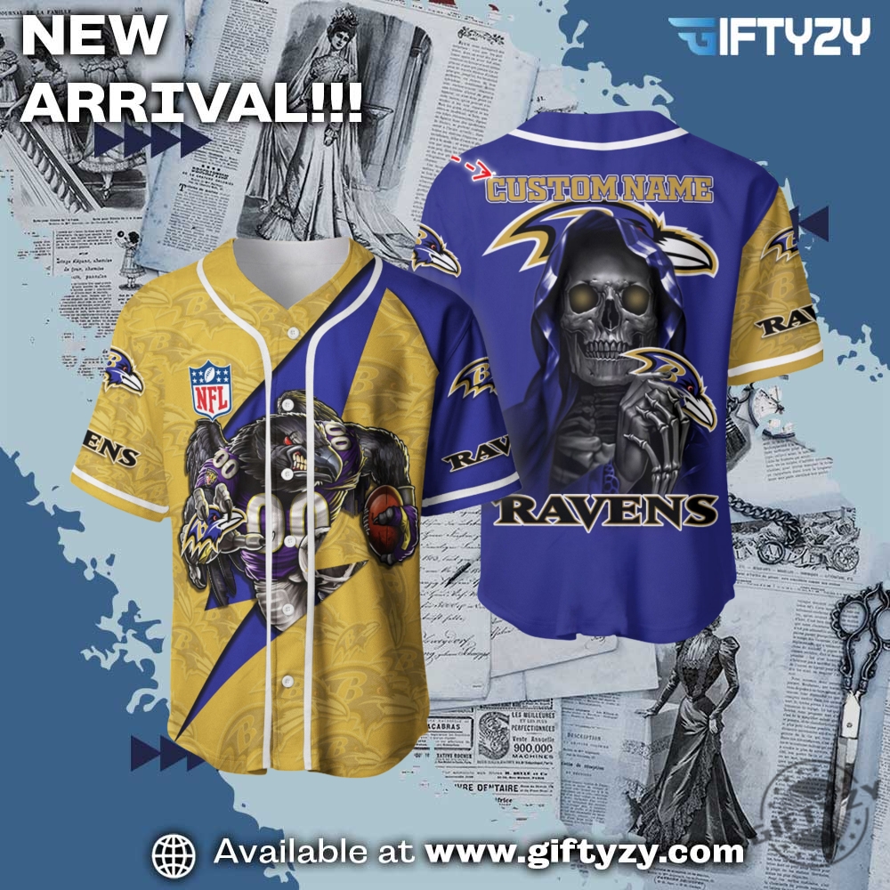 Nfl Baltimore Ravens Skull Custom Name Baseball Jersey 1 NFL Baltimore Ravens Skull Custom Name Baseball Jersey