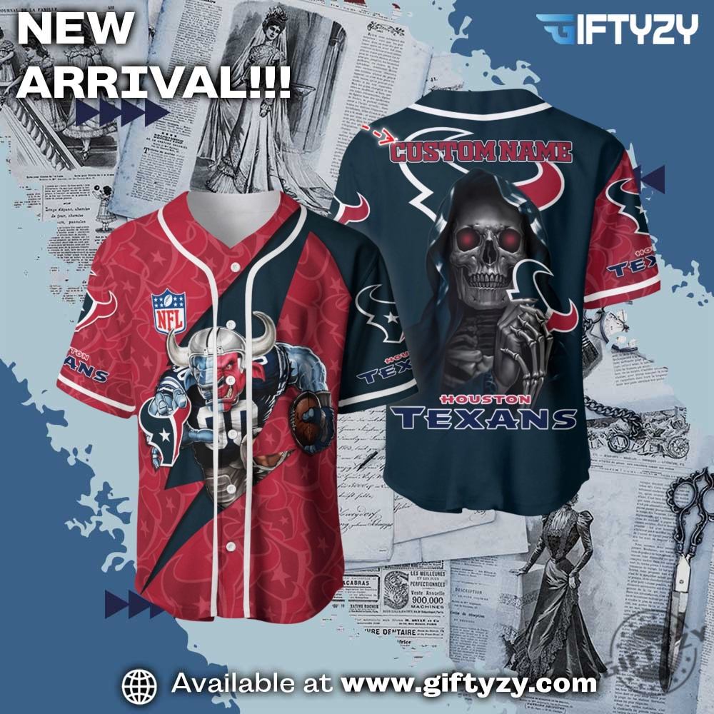 Nfl Houston Texans Skull Custom Name Baseball Jersey 1 NFL Houston Texans Skull Custom Name Baseball Jersey