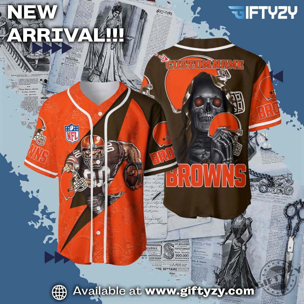NFL, anime Jersey gift for fan 12 Nfl Cleveland Browns Skull Custom Name Baseball Jersey
