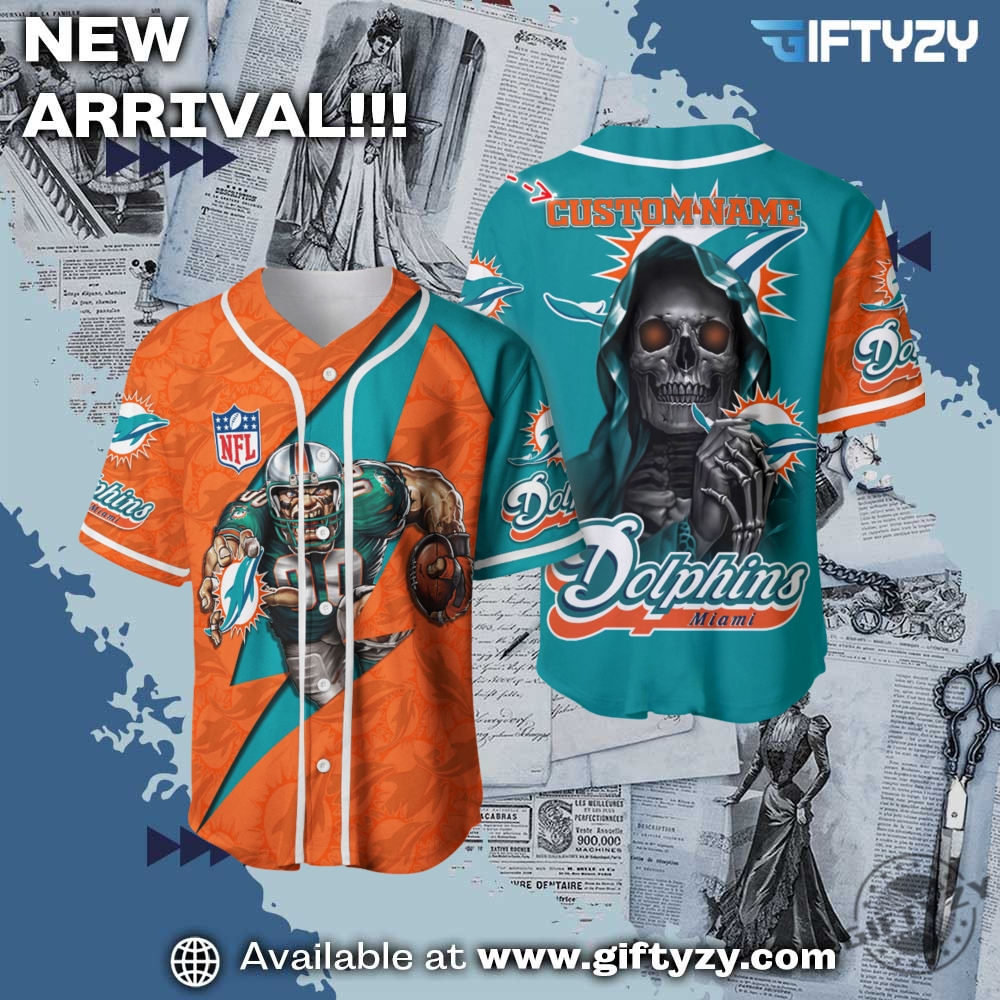 NFL, anime Jersey gift for fan 13 Nfl Miami Dolphins Skull Custom Name Baseball Jersey