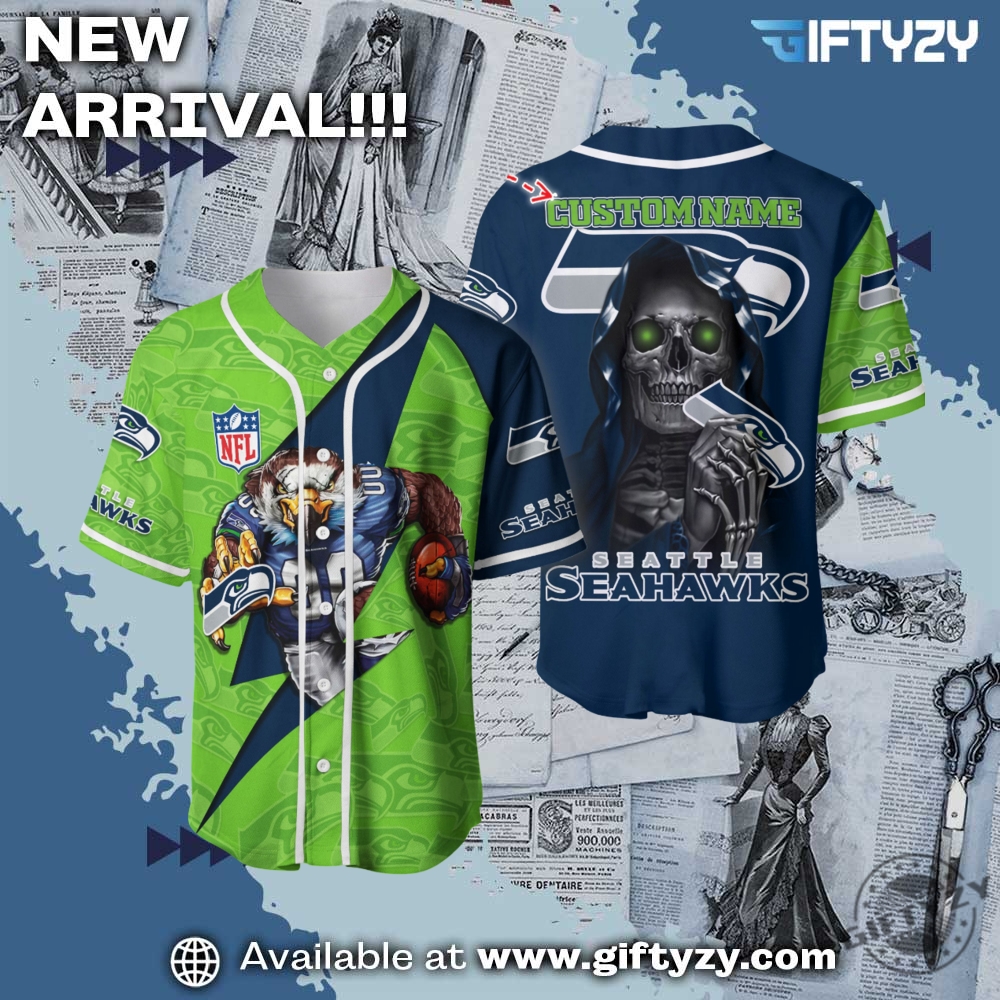 Nfl Seattle Seahawks Skull Custom Name Baseball Jersey 1 NFL Seattle Seahawks Skull Custom Name Baseball Jersey