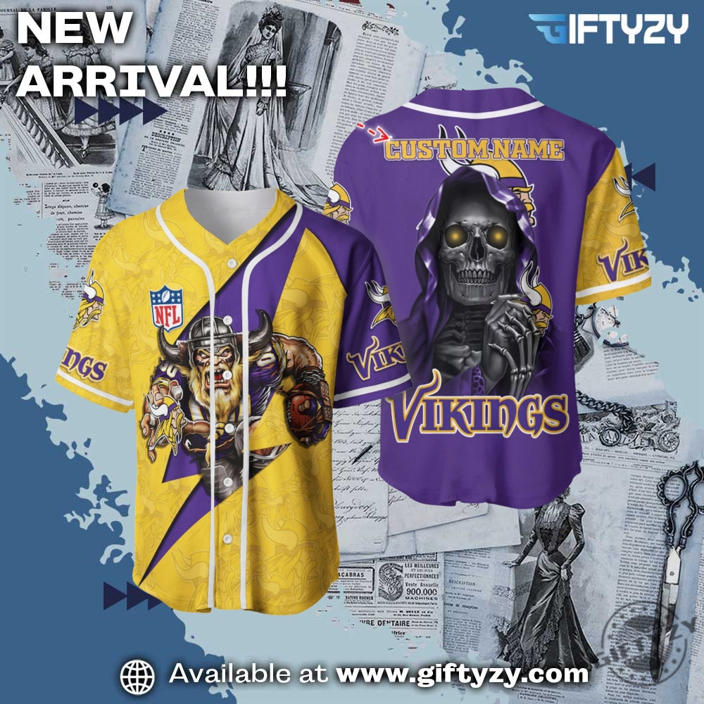 NFL, anime Jersey gift for fan 15 Nfl Minnesota Vikings Skull Custom Name Baseball Jersey