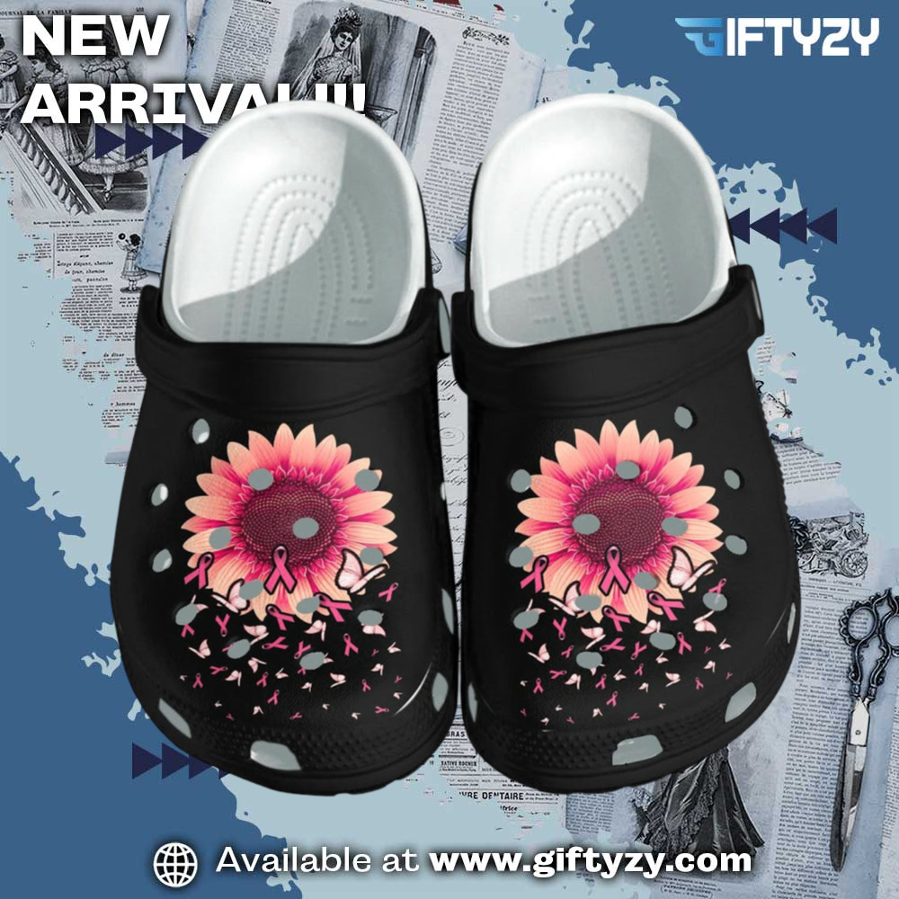 Trendy 3D Crocs Shoes 12 Sunflower Breast Cancer Awareness Merch Butterfly Pink Cancer Beach Shoes