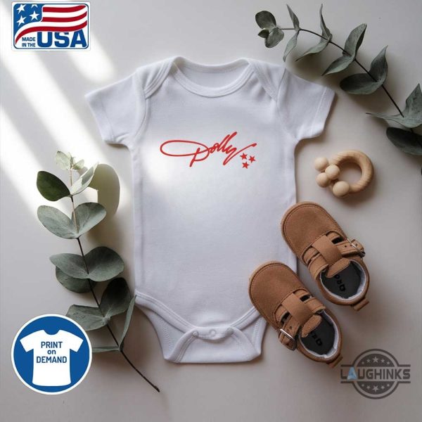 embroidered dolly parton signature with tri star design shirt