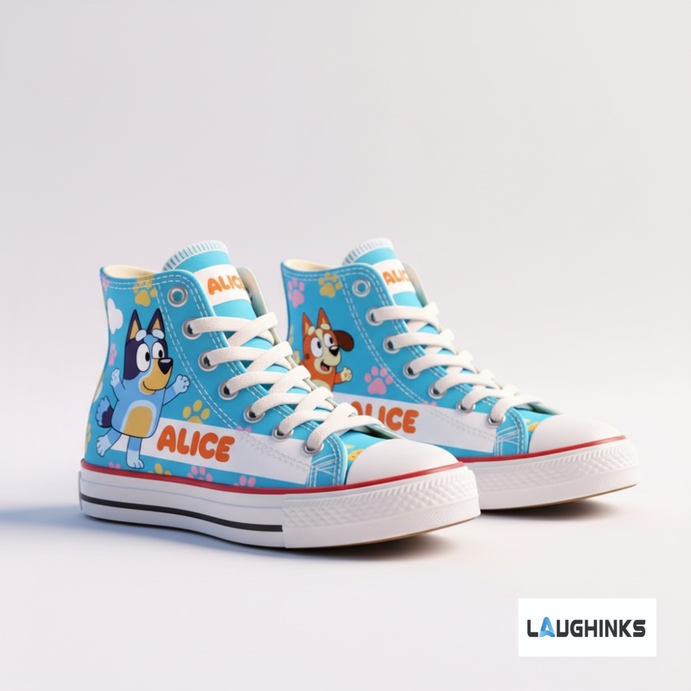 Custom Name Bluey and Bingo AOP High Top Shoes (input your name in note box) 8 Custom Name Bluey and Bingo AOP High Top Shoes (input your name in note box)