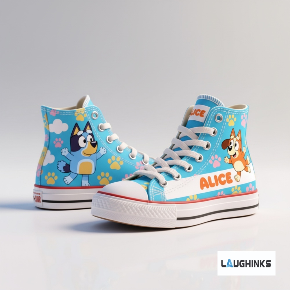 Custom Name Bluey and Bingo AOP High Top Shoes (input your name in note box) 9 Custom Name Bluey and Bingo AOP High Top Shoes (input your name in note box)