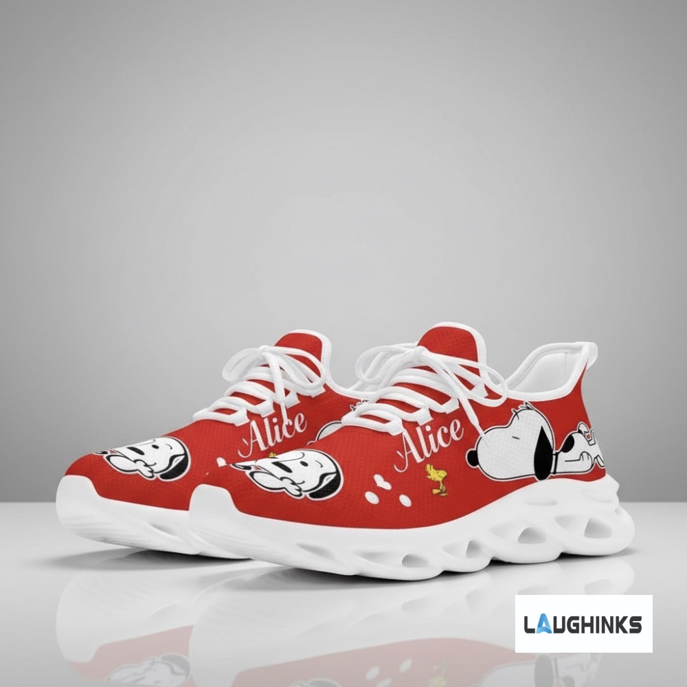 Custom Name Snoopy Lying Next to Woodstock Red Max Soul Shoes (input your custom name in note box) 7 Custom Name Snoopy Lying Next to Woodstock Red Max Soul Shoes
