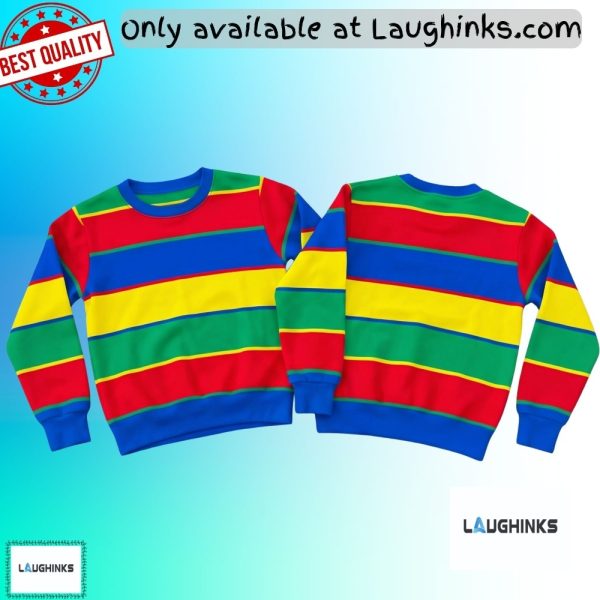 Derek Turnbow multicolor stripe AOP artificial wool sweater on Stranger Things chapter 3