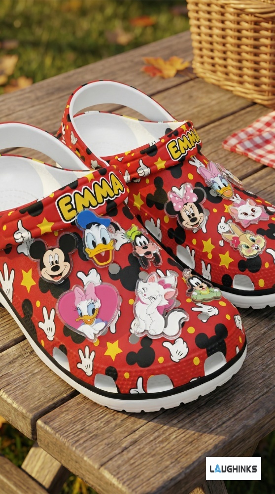 Laughinks Custom Name Mickey Mouse AOP Crocs Charms Set with Clogs
