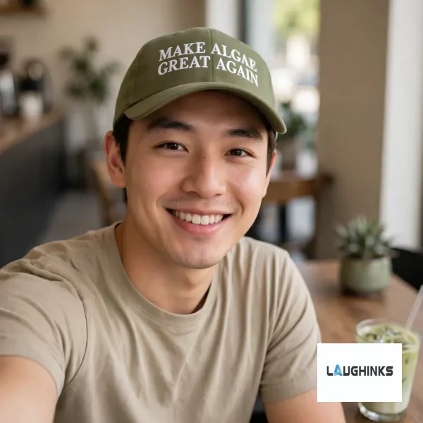 Front view of an olive green baseball cap with white 'Make Algae Great Again' embroidery on a clean white background.