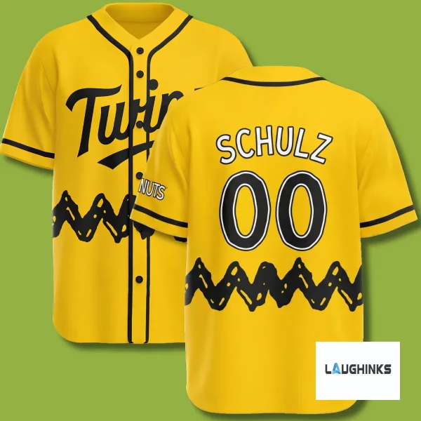 Front view of a yellow baseball jersey with black zig-zag trim.