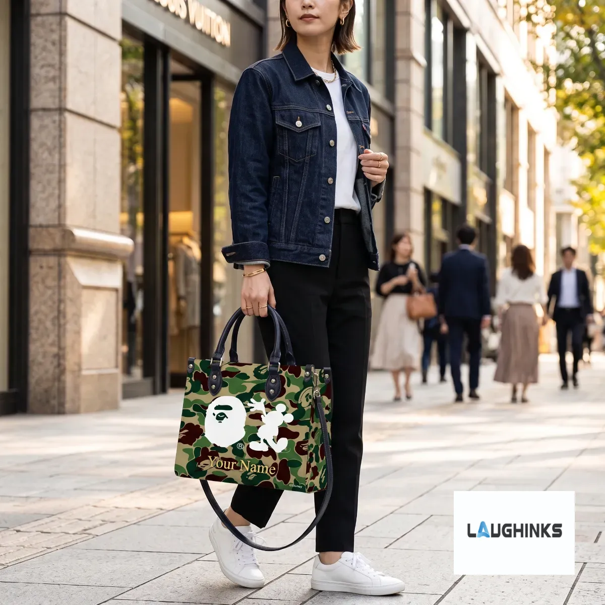 personalized bape x mickey mouse camo custom name leather handbag asset #2 Side angle of the handbag showing the strap and camo texture.