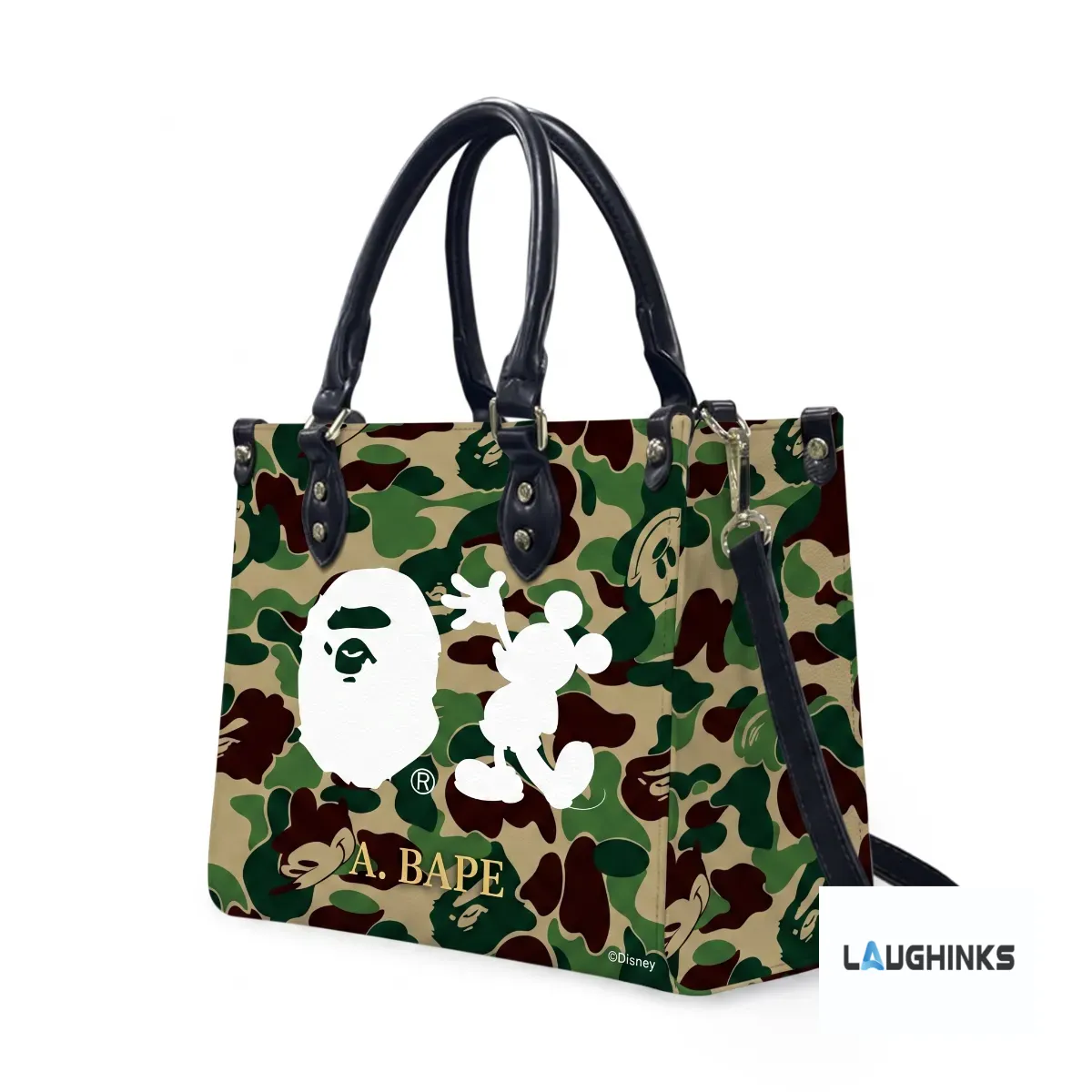 personalized bape x mickey mouse camo custom name leather handbag asset #6 Full view of the handbag with its shoulder strap attached.