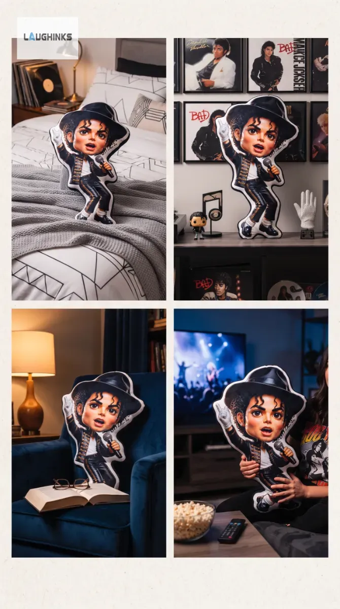 Michael Jackson 3D Plush Pillow 5 Decorative Michael Jackson plush pillow placed on a grey couch in a cozy home environment