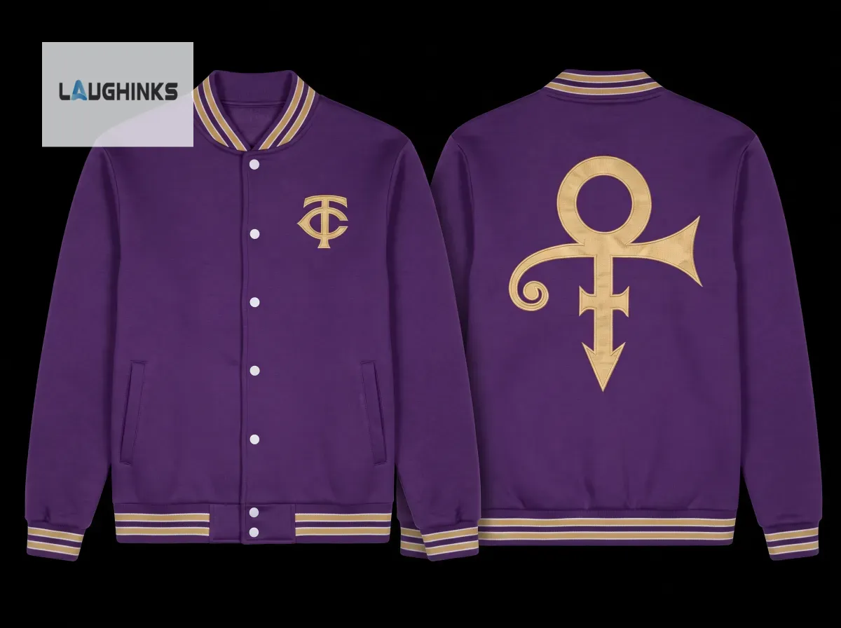 Prince Night 2026 Minnesota Twins AOP Baseball Varsity Jacket 4 A royal purple varsity jacket displaying a gold TC logo on the front and a large gold Prince symbol on the back.
