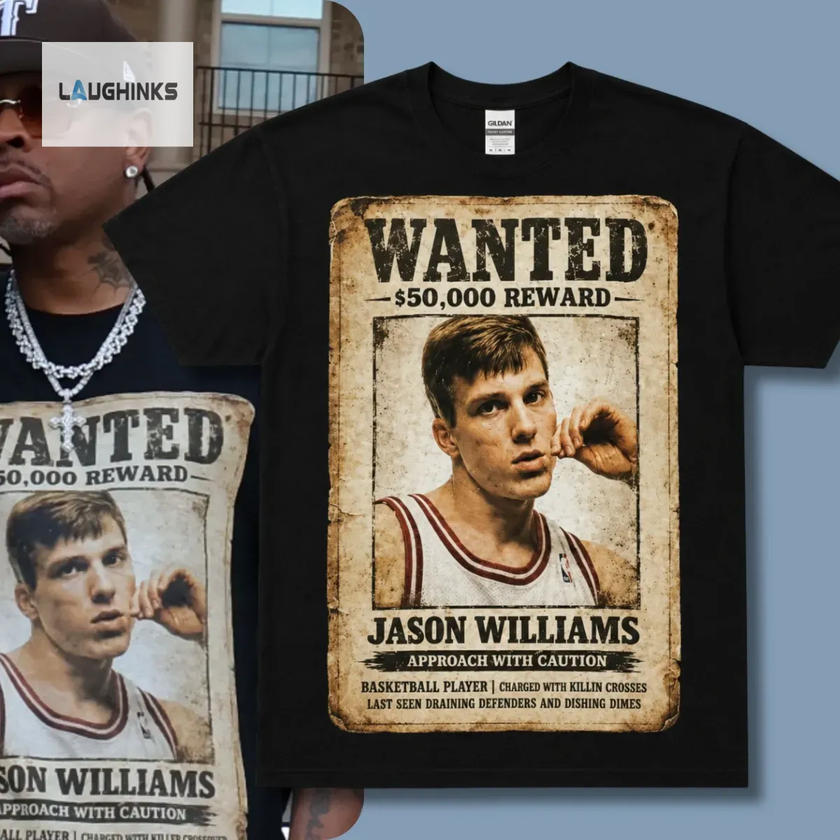 Allen Iverson Jason Williams WANTED poster graphic shirt July 2026 2 A black short-sleeve shirt displaying a sepia-toned vintage wanted poster of NBA player Jason Williams.