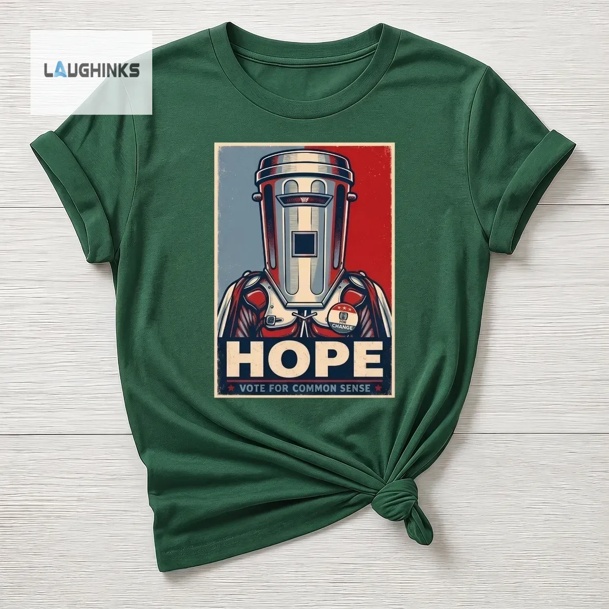 HOPE Vote for Common Sense Count Binface Clacton 2026 Tee 5 Forest green t-shirt mockup with a centered Count Binface HOPE campaign graphic.