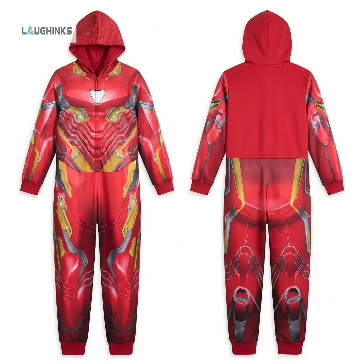 Iron Man Armor Full Body Jumpsuit Hoodie Costume for Adult and Kid 5 Flat lay of an Iron Man-inspired hooded jumpsuit revealing the complex red, gold, and silver printed armor suit design.