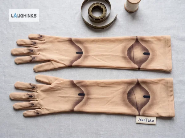 HyperReal Skin Tone Ball Jointed Doll Gloves for Halloween 1 Two beige gloves featuring ball-jointed graphics laid flat on a light grey textured background.