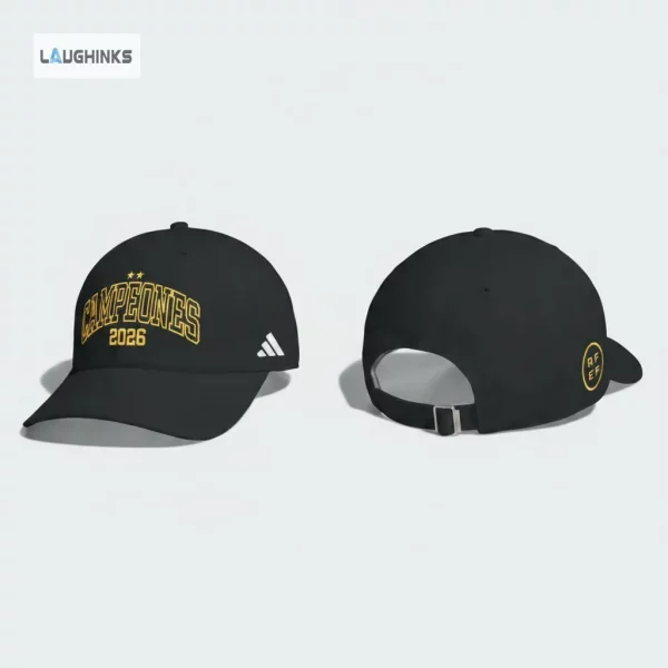 Spain RFEF Campeones 2026 World Cup Champions Adidas Embroidered Baseball Cap 1 Rear view of five baseball caps showing adjustable straps and RFEF logo embroidery.