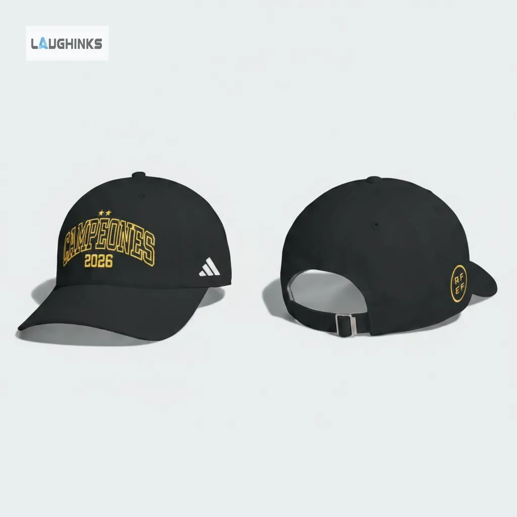 Spain RFEF Campeones 2026 World Cup Champions Adidas Embroidered Baseball Cap 9 Rear view of five baseball caps showing adjustable straps and RFEF logo embroidery.