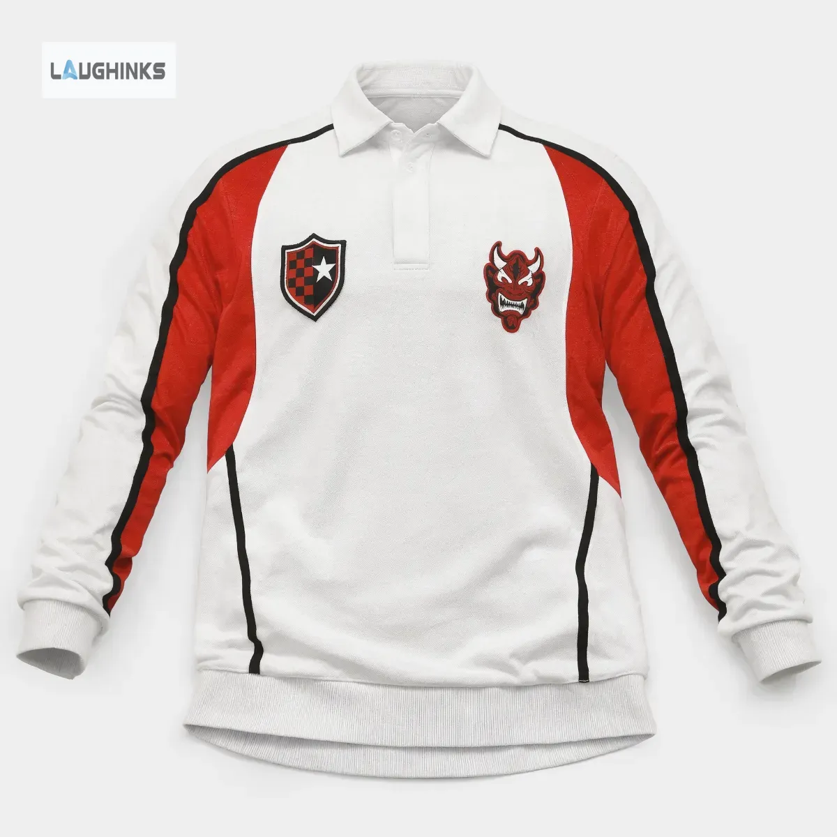BTS SUGA 2026 FIFA World Cup Final Halftime Show Long Sleeve Polo Shirt (Collar Sweatshirt) 3 Close up of the printed devil mask and shield design on a polo