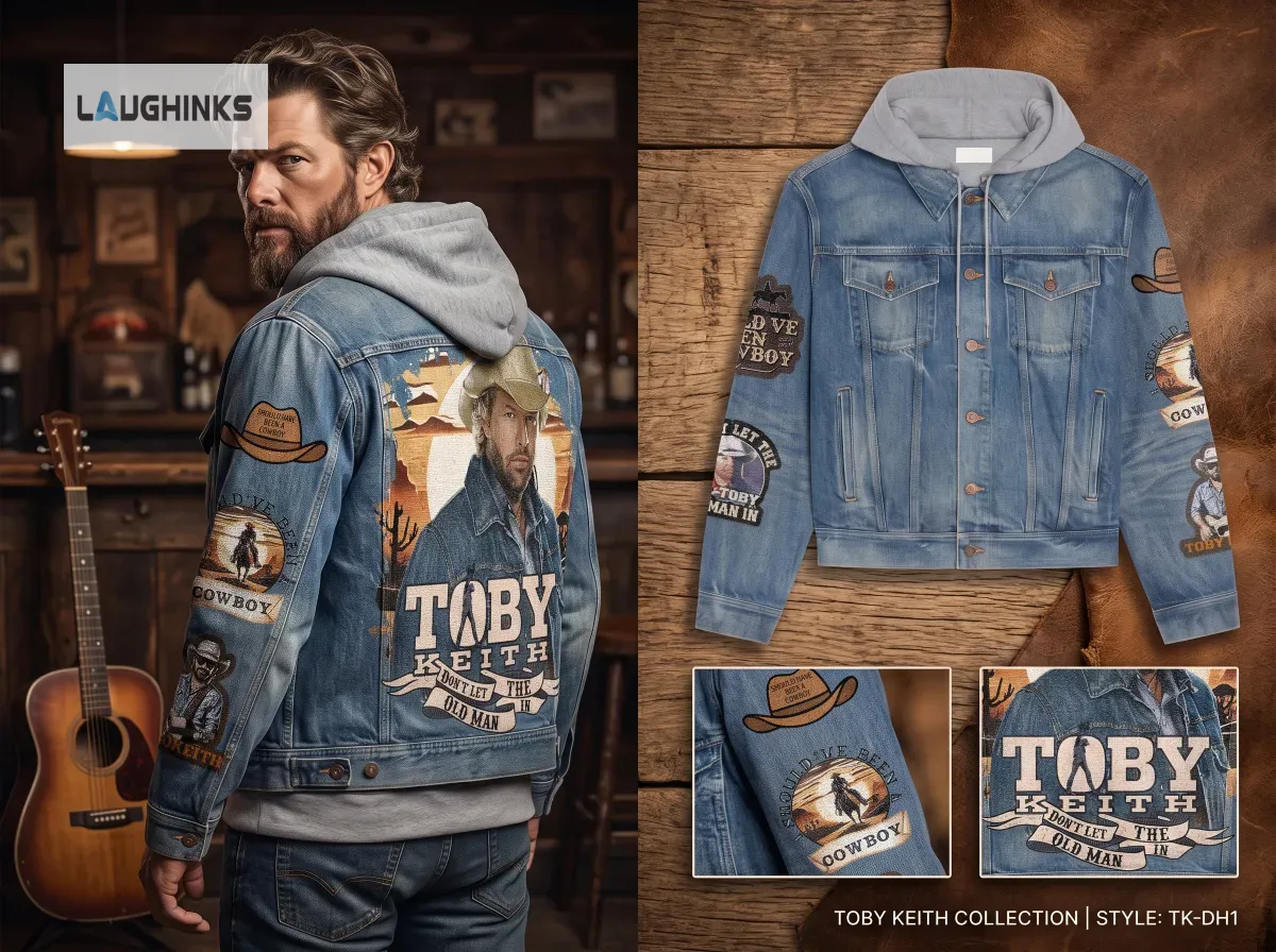 Toby Keith Should've Been A Cowboy Hooded Denim Jacket 4 Back view of a denim jacket featuring a large Toby Keith desert graphic.