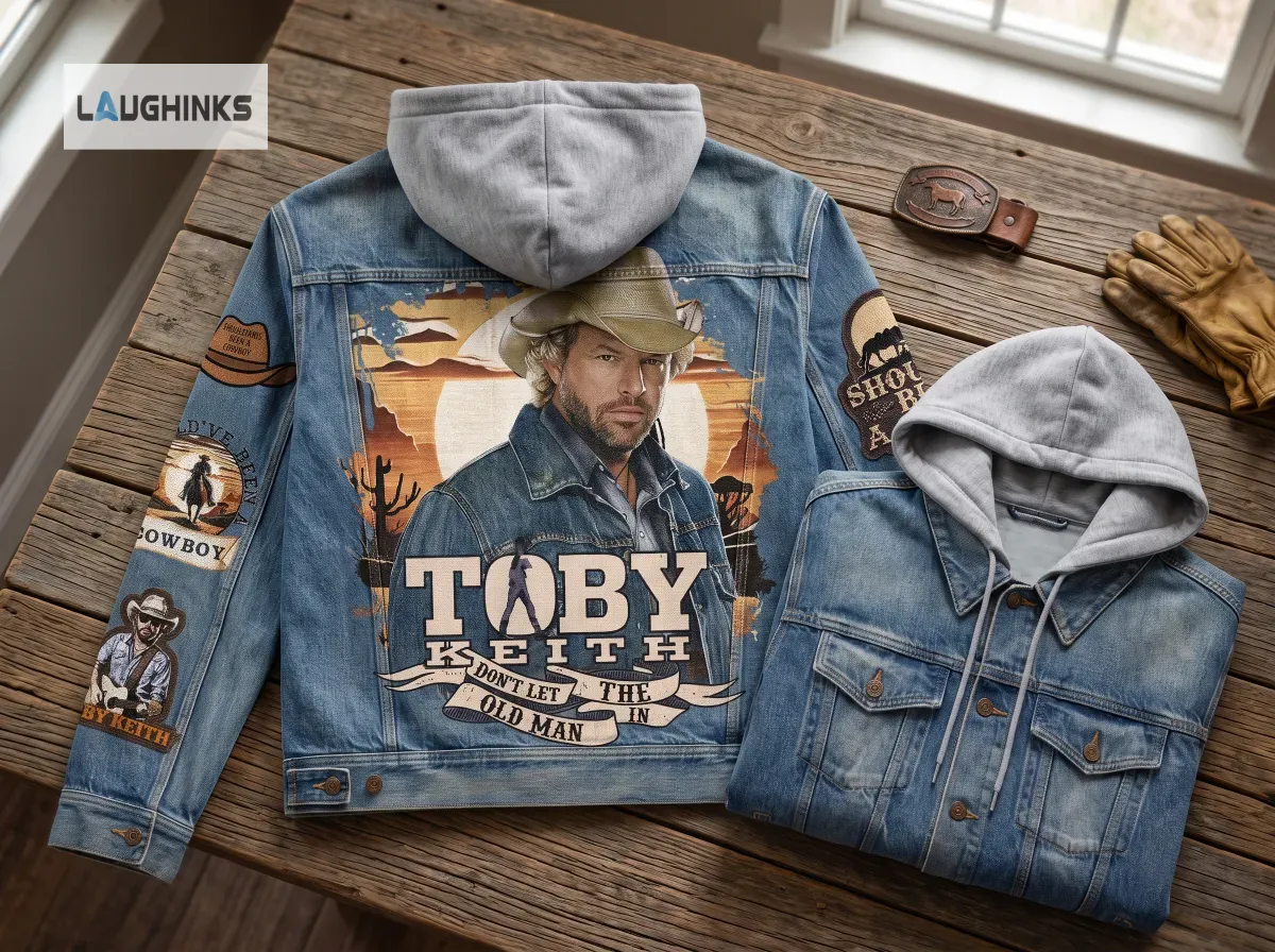 Toby Keith Should've Been A Cowboy Hooded Denim Jacket 7 Close up of the sleeves on a denim hoodie showing western inspired patches.