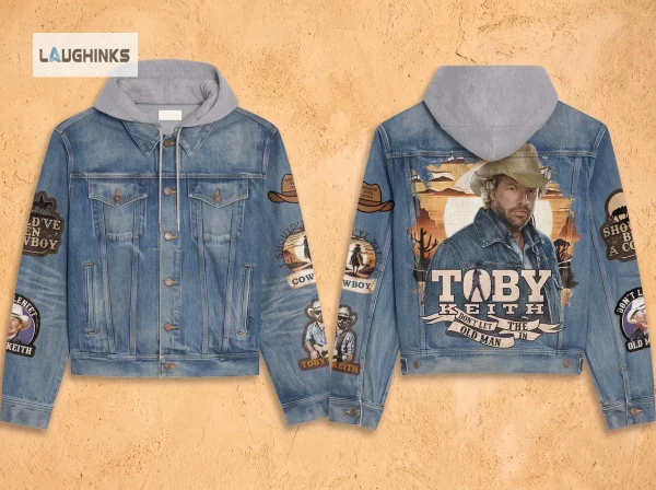 Toby Keith Should've Been A Cowboy Hooded Denim Jacket 2 Back view of a denim jacket featuring a large Toby Keith desert graphic. (Detail view #3)