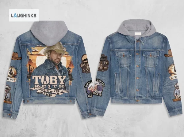 Toby Keith Should've Been A Cowboy Hooded Denim Jacket 3 Back view of a denim jacket featuring a large Toby Keith desert graphic. (Detail view #4)