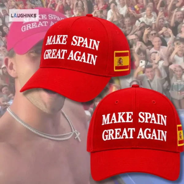 Red baseball cap with bold text and Spanish flag flag patch.