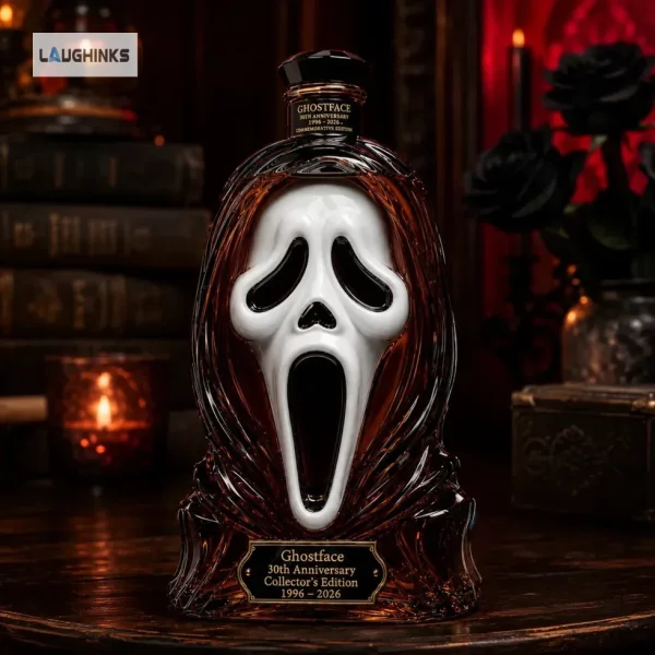 Detailed close-up of the Ghostface bottle design with candle lighting and skull prop.