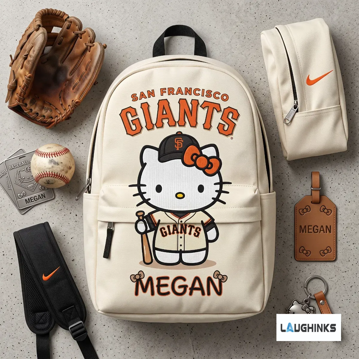 Custom Name San Francisco Giants Hello Kitty Day August 16 2026 Personalized Backpack 2 Flat lay of a custom Hello Kitty baseball backpack on a concrete-style background.