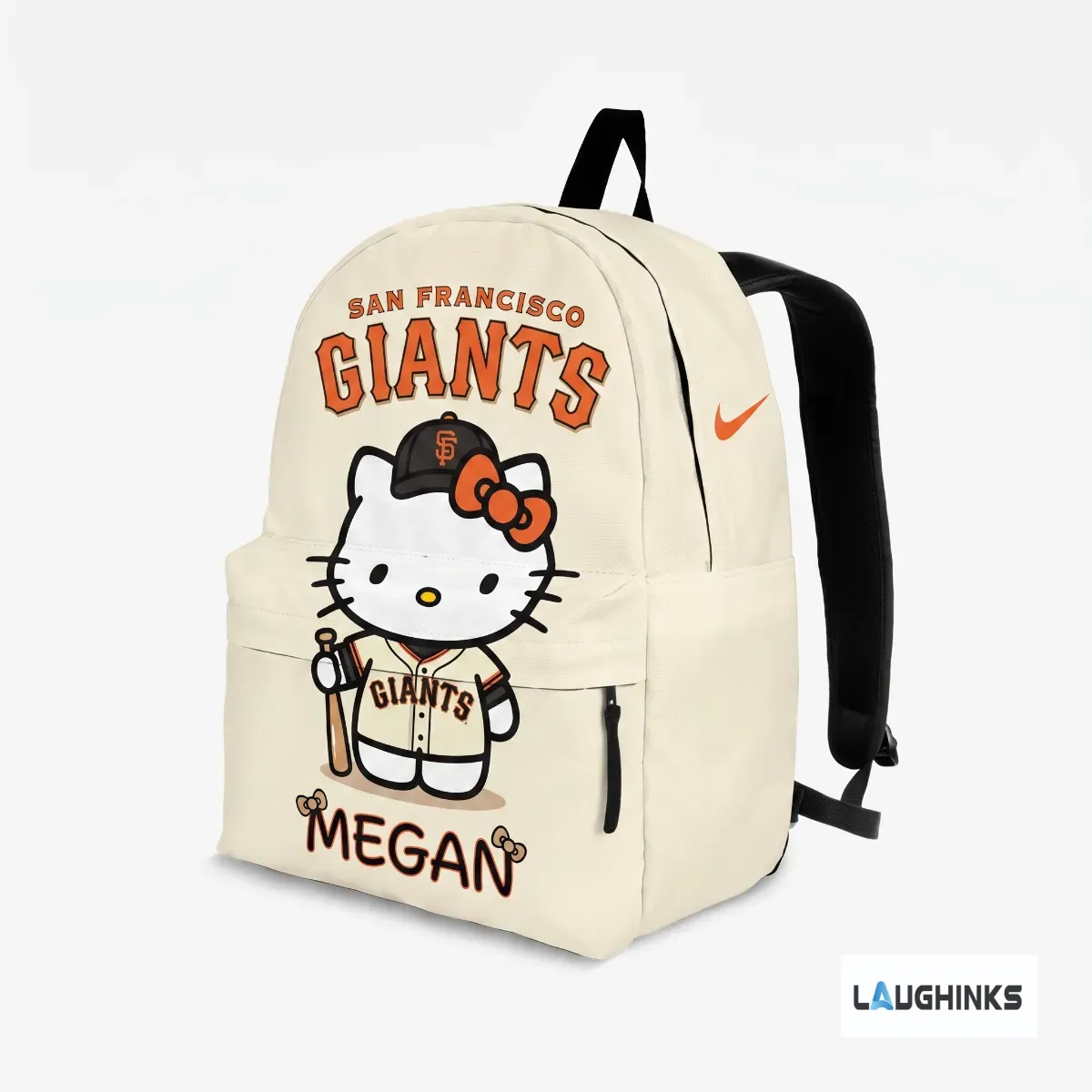 Custom Name San Francisco Giants Hello Kitty Day August 16 2026 Personalized Backpack 3 Flat lay of a custom Hello Kitty baseball backpack on a concrete-style background. (Detail view #2)