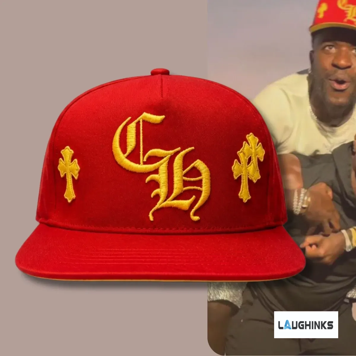 Replica Vini Jr Chrome Hearts Gothic Cross Yellow Embroidered Red Snapback Baseball Cap Hat 3 Close-up front view of a red snapback cap with gold gothic embroidery.