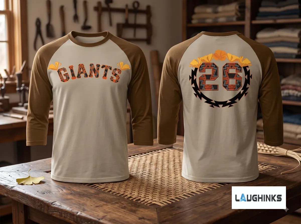 SF Giants Native American Heritage Night August 28 2026 Long Sleeve Raglan Shirt 6 Front and back view of a custom baseball raglan shirt featuring heritage-themed tribal graphics.