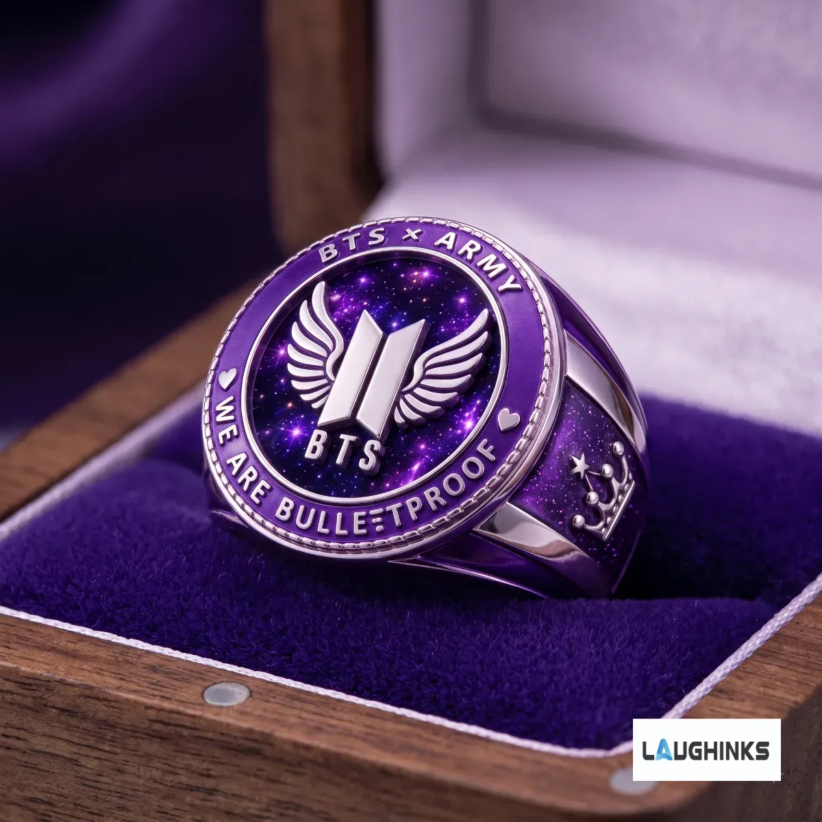 BTS We Are Bulletproof Purple Galaxy Signet Ring Official ARMY Fan Premium Championship Ring 5 Angled view of the BTS signet ring showing the crown symbol and 2013 date.