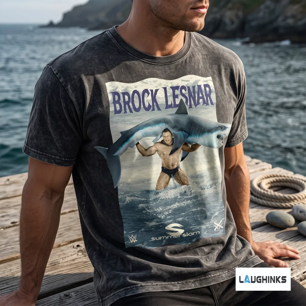 Brock Lesnar SummerSlam Shark 2026 Graphic T shirt 4 A charcoal grey t-shirt featuring Brock Lesnar wrestling a shark in the ocean.
