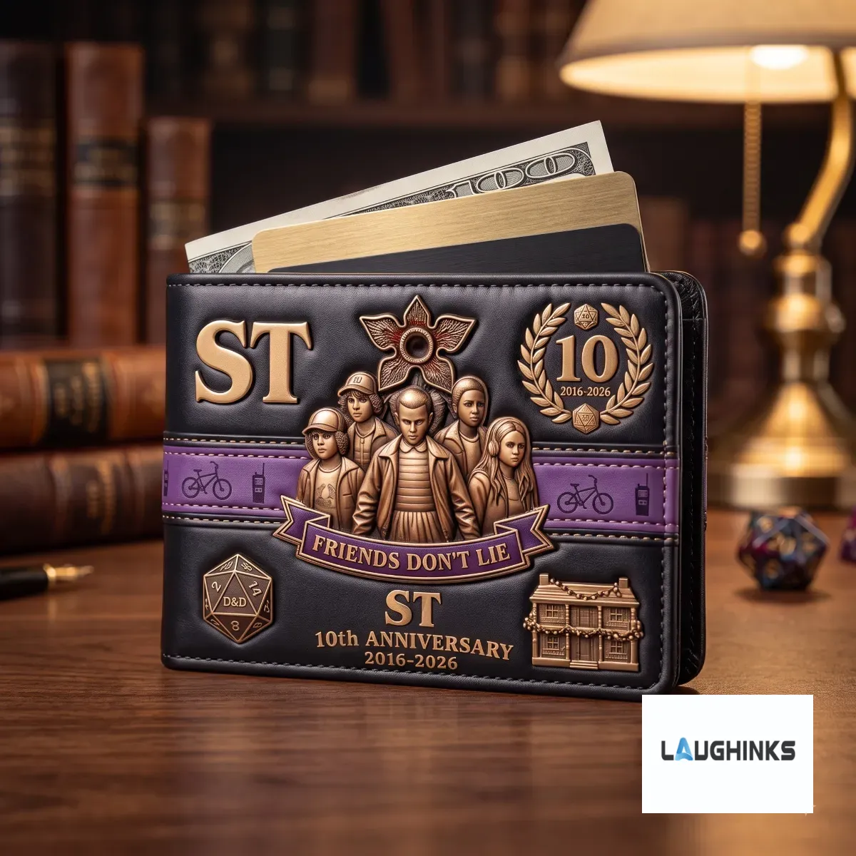 Stranger Things 10th Anniversary Friends Don't Lie Leather Wallet 4 Detailed view of Stranger Things anniversary wallet on wood desk.