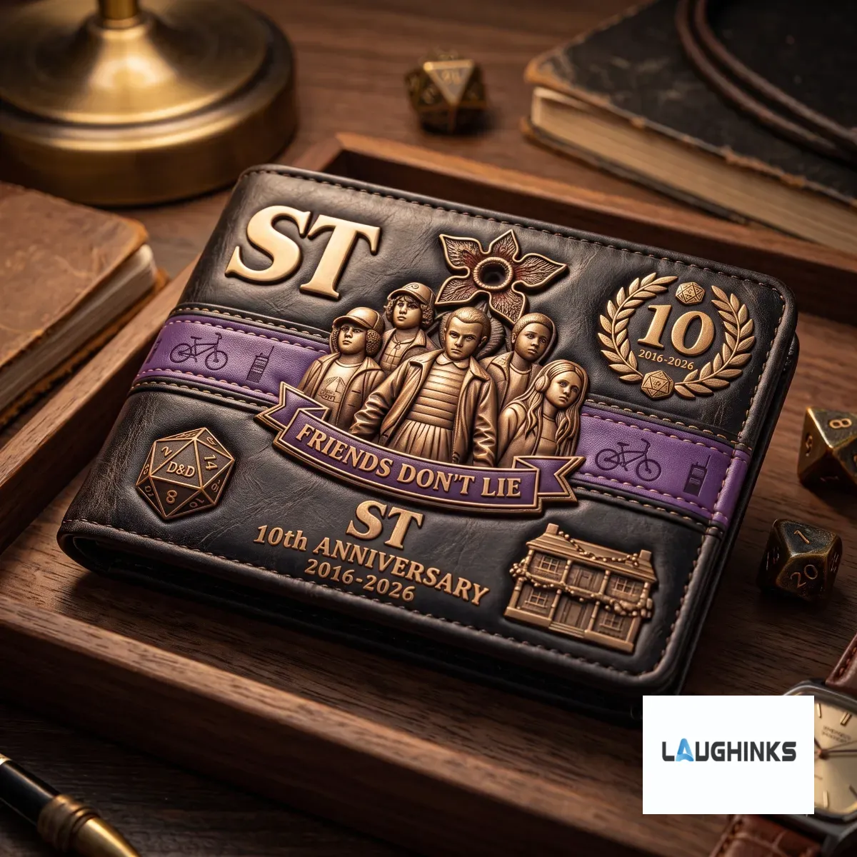 Stranger Things 10th Anniversary Friends Don't Lie Leather Wallet 7 Close up of the Friends Don't Lie text and character print on leather wallet.