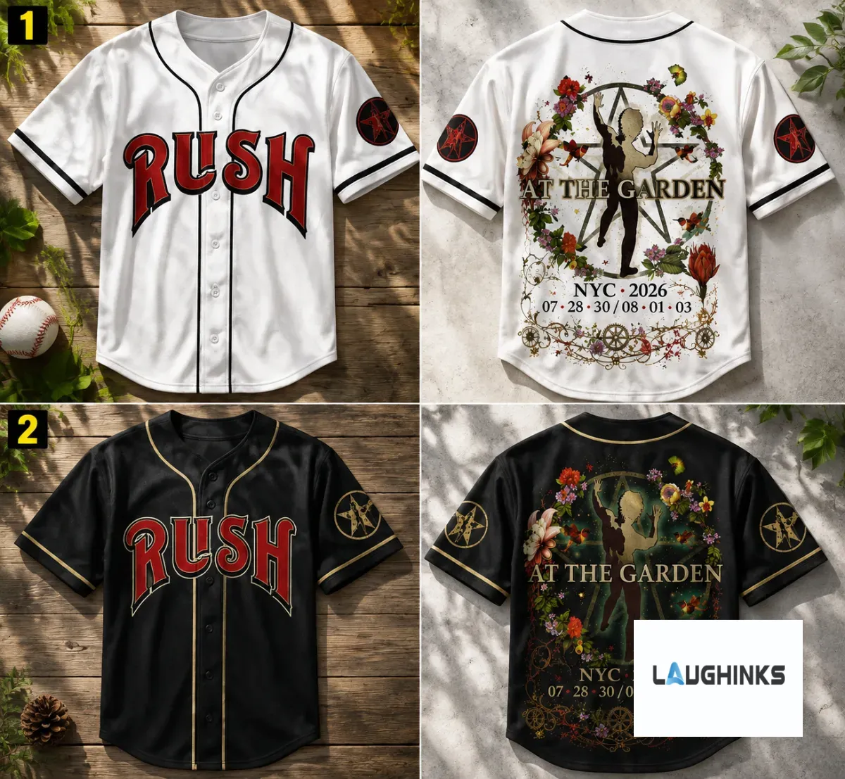New York RUSH Fifty Something Tour 2026 Baseball Jersey Shirt Choose Black or White Version 3 Front and back view of a white and black baseball jersey with Rush tour graphic.