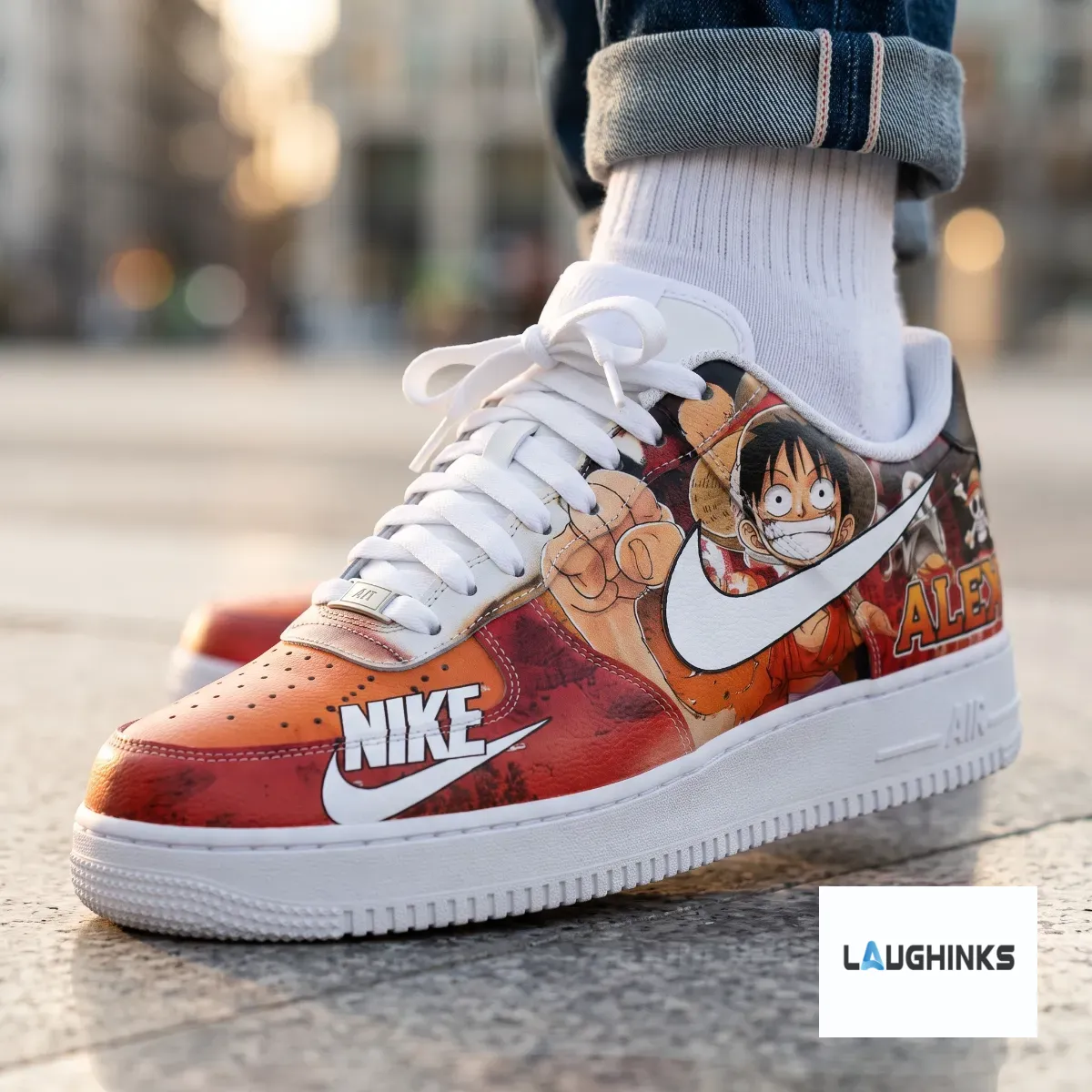 Custom Name One Piece Monkey D Luffy Custom Nike Air Force 1 Sneakers 7 Close-up of the Monkey D. Luffy graphic print on custom Nike Air Force 1 sneakers.