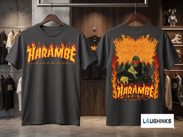 Front and back view of a charcoal cotton t-shirt with orange flame Harambe graphic.