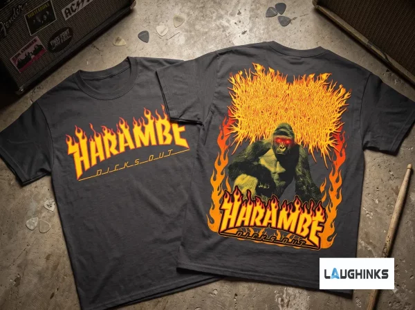 Front and back view of a charcoal cotton t-shirt with orange flame Harambe graphic. (Detail view #7)
