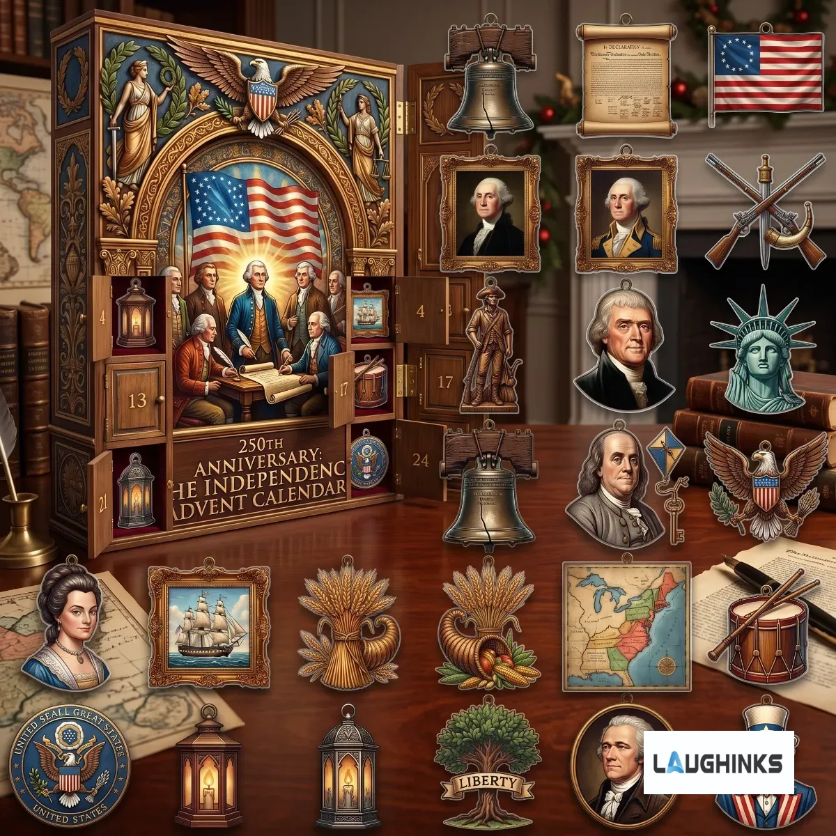 250th Anniversary Independence Advent Calendar 24 Day Acrylic Christmas Ornament Set 7 Close up of George Washington and Liberty Bell ornament designs.