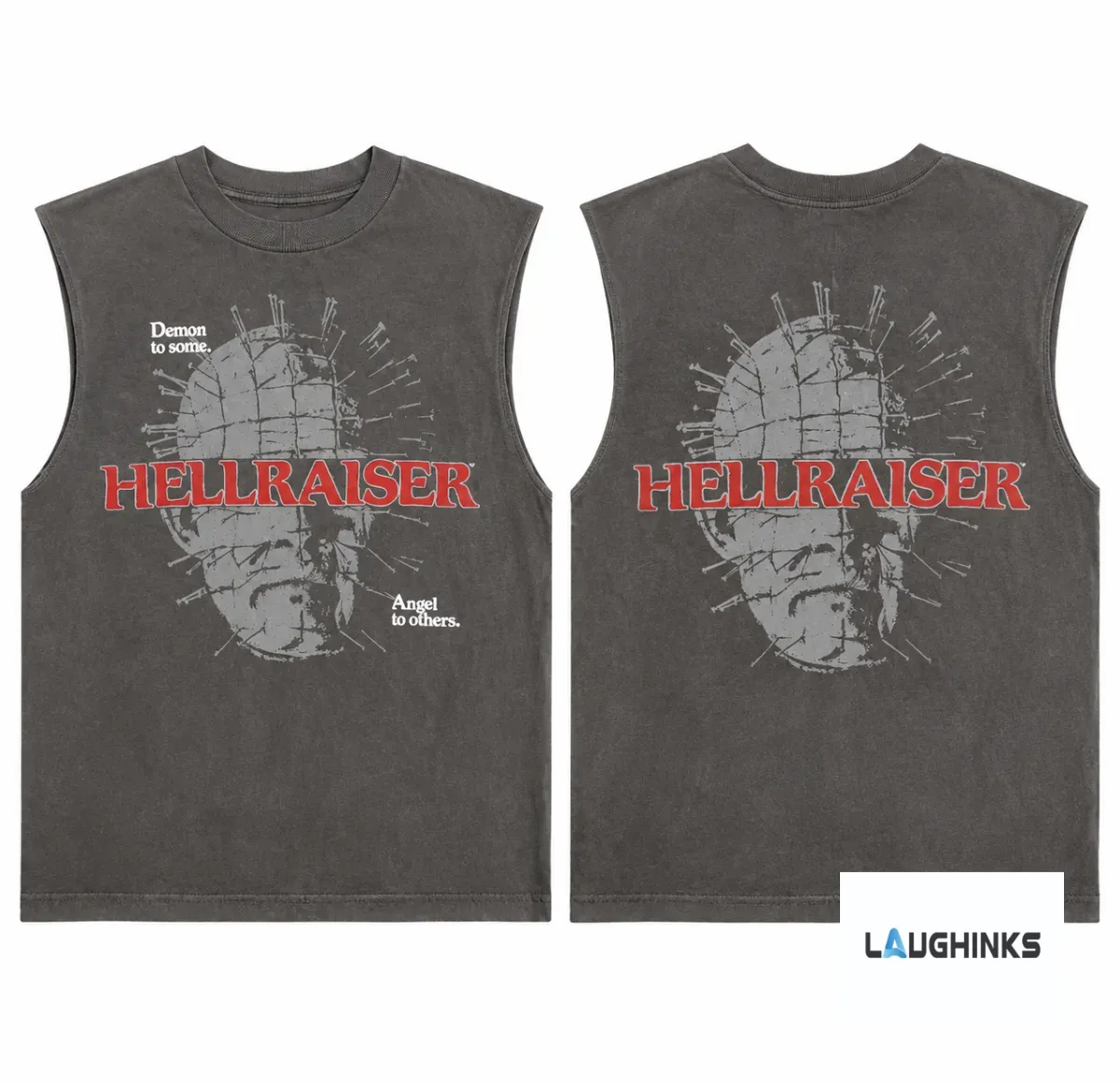 Hellraiser Pinhead Demon to Some Angel to Others Vintage AOP Tank Top Halloween Horror Nights 2026 2 Vintage charcoal sleeveless tank top with Hellraiser Pinhead graphic on front