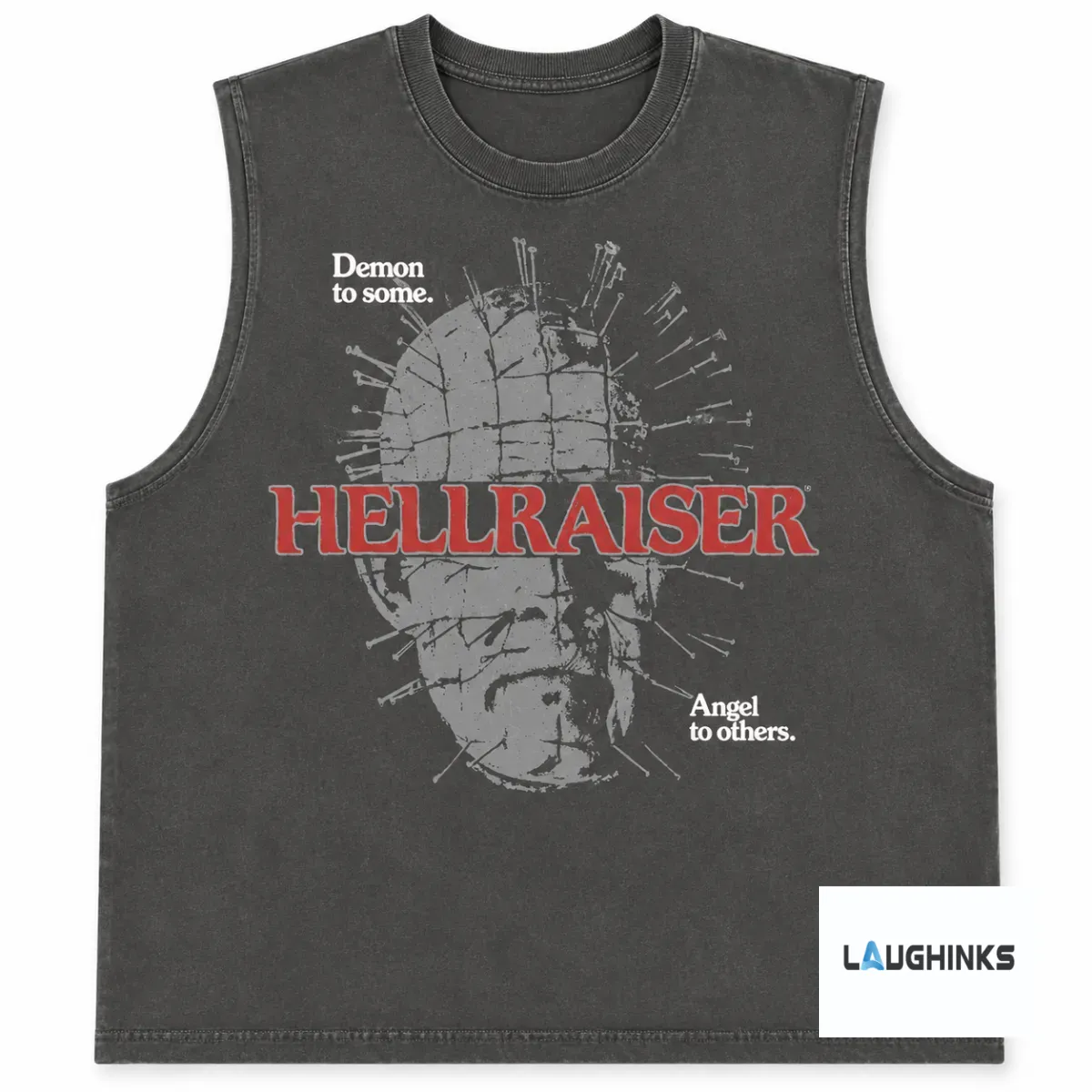 Hellraiser Pinhead Demon to Some Angel to Others Vintage AOP Tank Top Halloween Horror Nights 2026 3 Vintage charcoal sleeveless tank top with Hellraiser Pinhead graphic on front (Detail view #2)