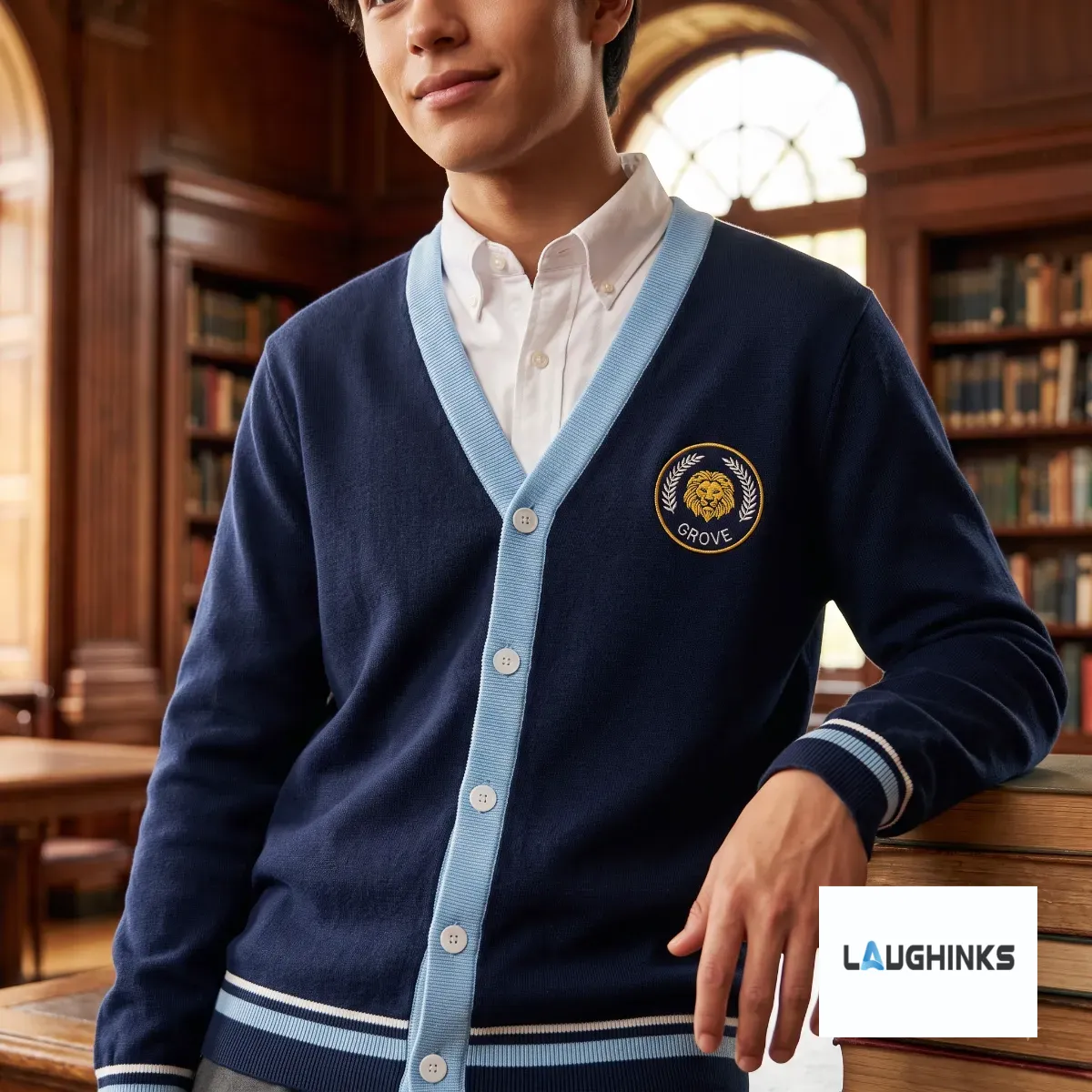 Grove High School The Princess Diaries Merch 2026 Cosplay AOP Cardigan 3 Front view of a navy blue cardigan with sky-blue V-neck trim and Grove High lion crest.